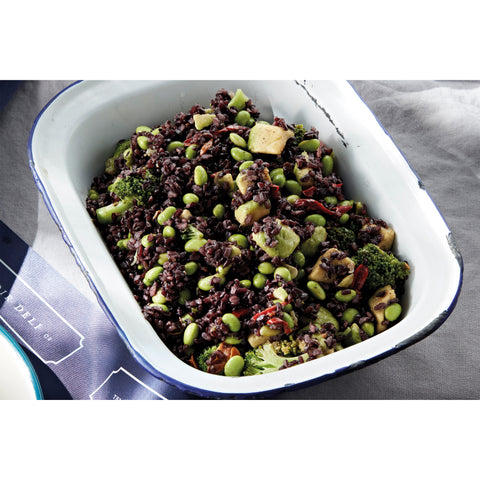 Venus black rice, broccoli, avocado and edamame with confit garlic and chilli cashews (vegan)
