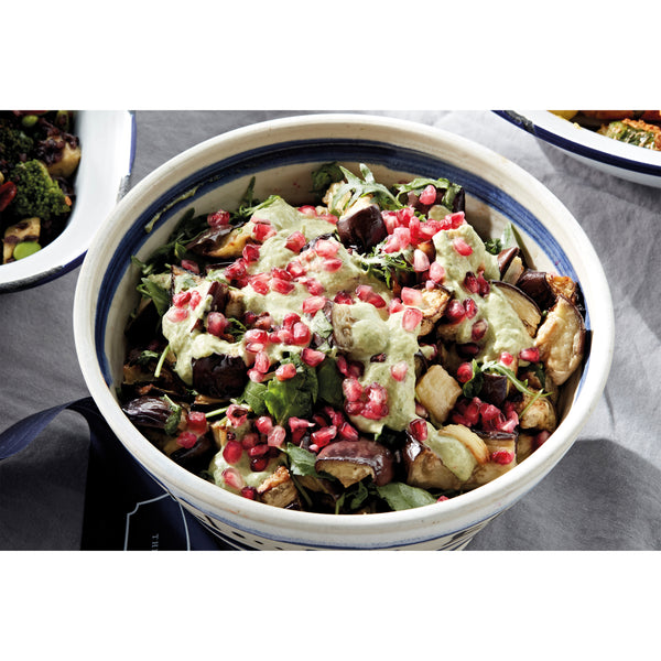 Aubergine, rocket and pomegranate with a green tahini dressing (vegan)