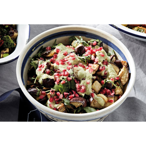 Aubergine, rocket and pomegranate with a green tahini dressing (vegan)