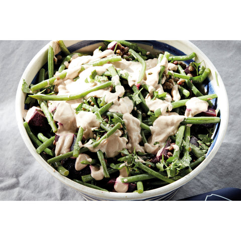 Beetroot, green beans and puy lentils with parsley, walnuts and miso tarator (vegan)